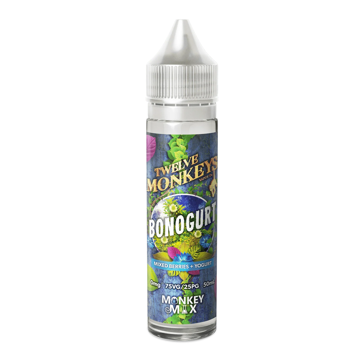 Bonogurt e-liquid 60mL bottle, mixed berries and yogurt flavor, clear cap, vibrant label