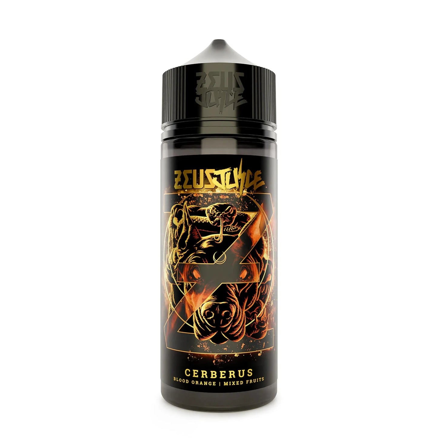 Cerberus Zeus Juice 100ml vape e-liquid bottle, black label with gold illustration and text