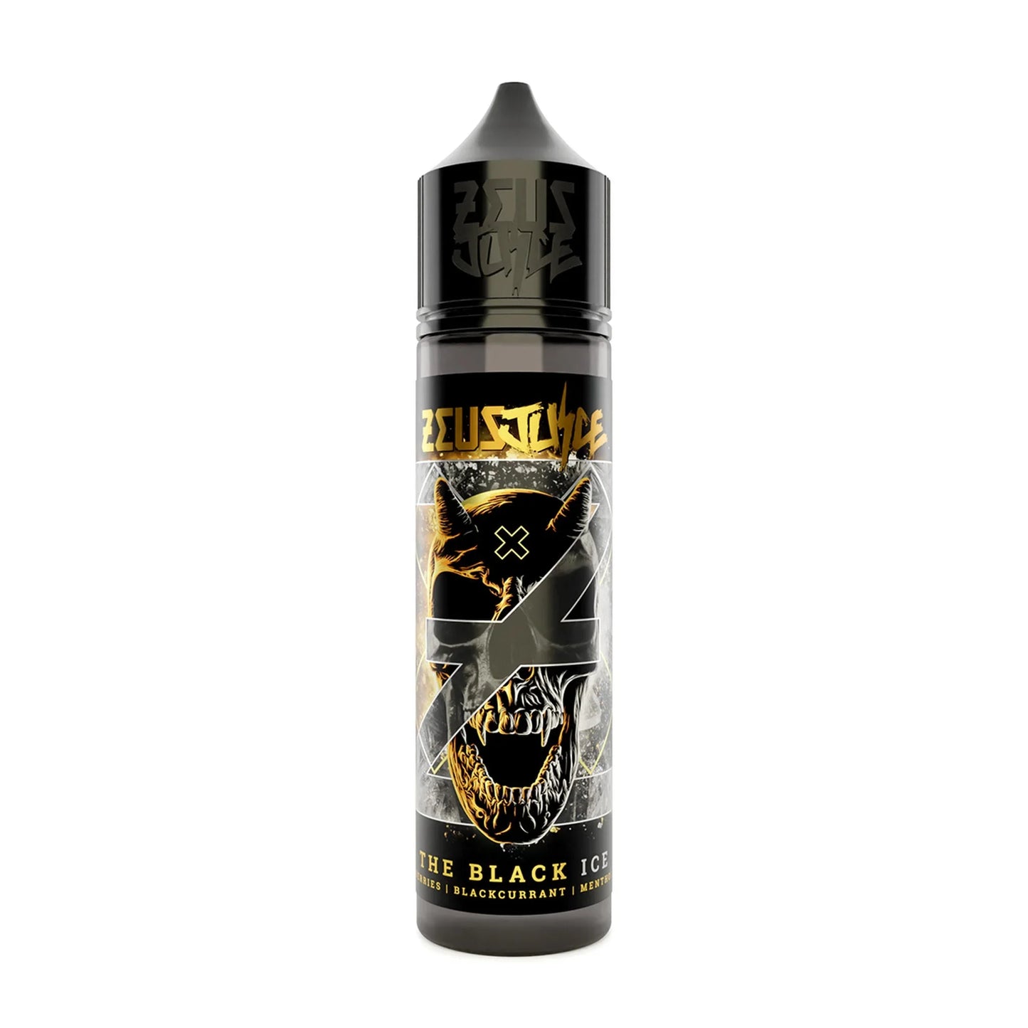 Zeus Juice The Black Ice 50ml vape e-liquid bottle with bold skull design, berries, blackcurrant, menthol flavors