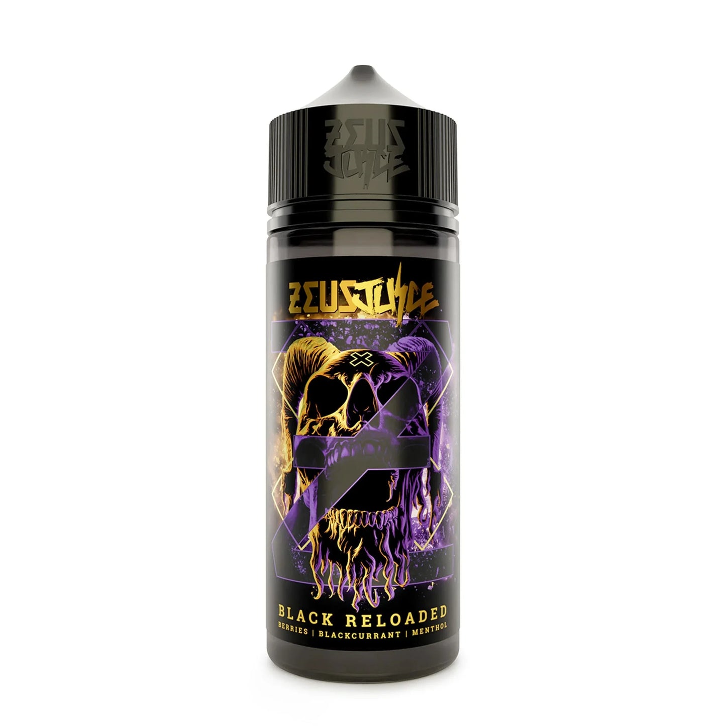 Black Reloaded vape juice bottle with skull design, labeled berries, blackcurrant, menthol
