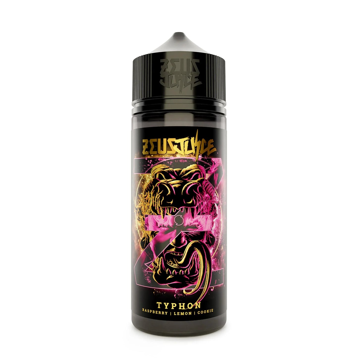 Typhon Zeus Juice 100ml vape e-liquid bottle, raspberry lemon cookie flavor, black label