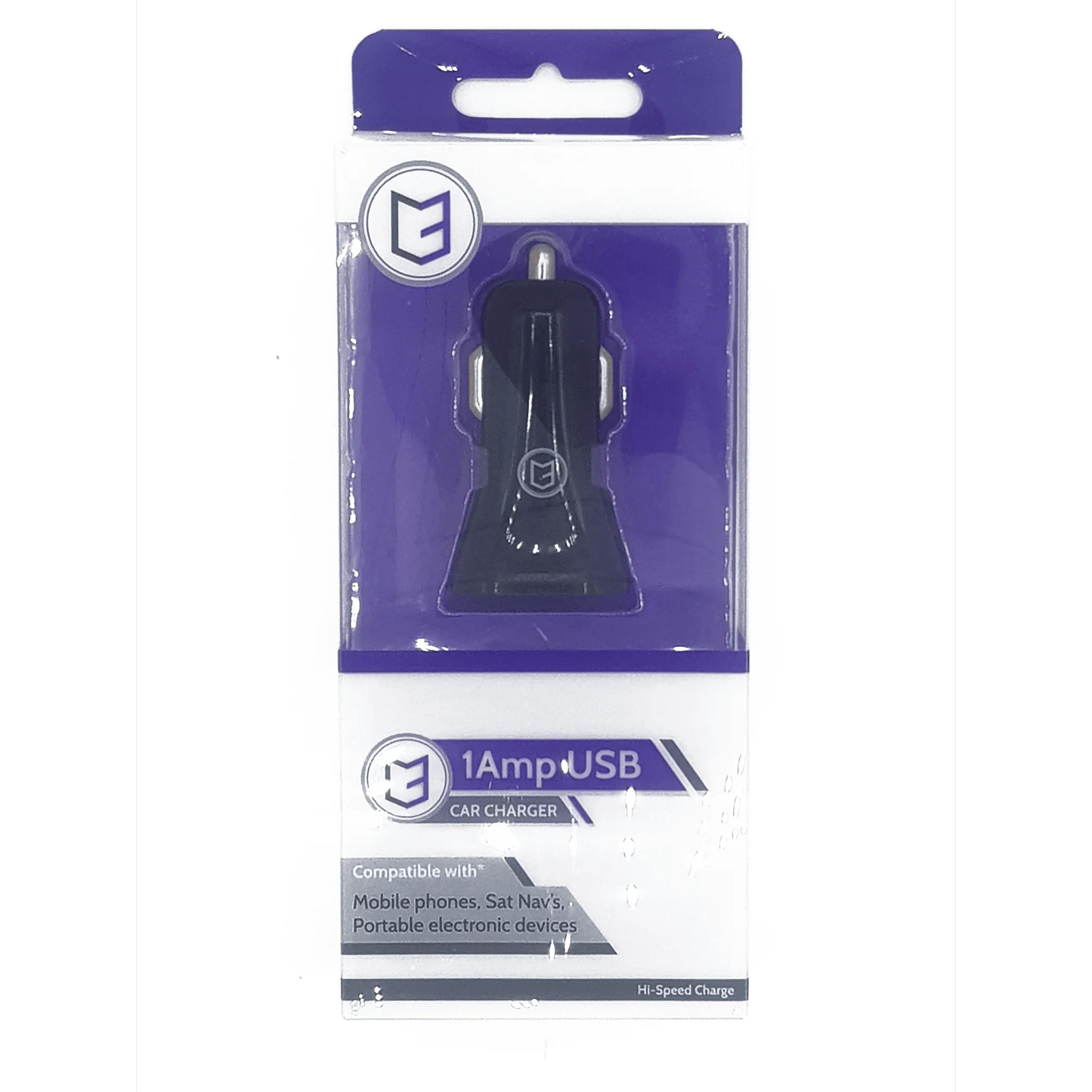 1 amp USB car charger in retail packaging, compatible with mobile phones and electronic devices
