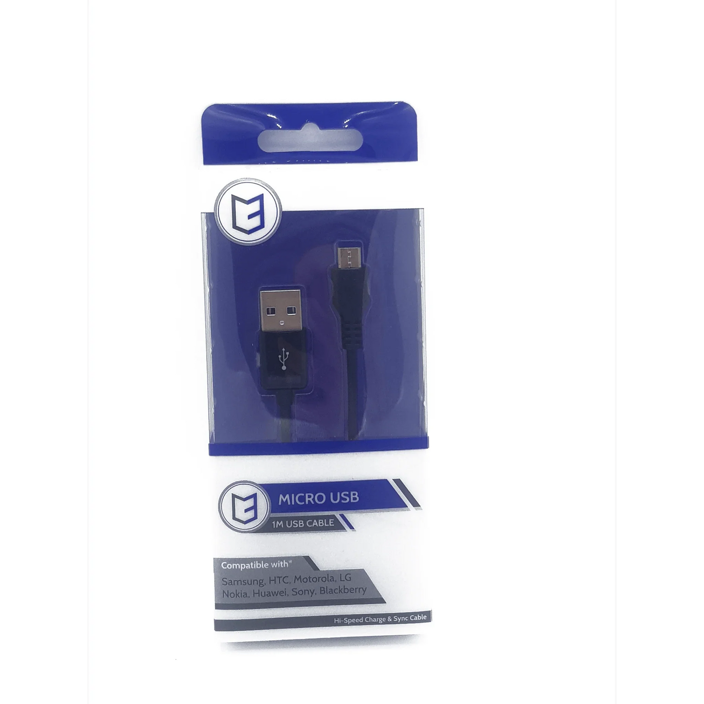 Micro USB charging cable in blue retail packaging, compatible with multiple devices