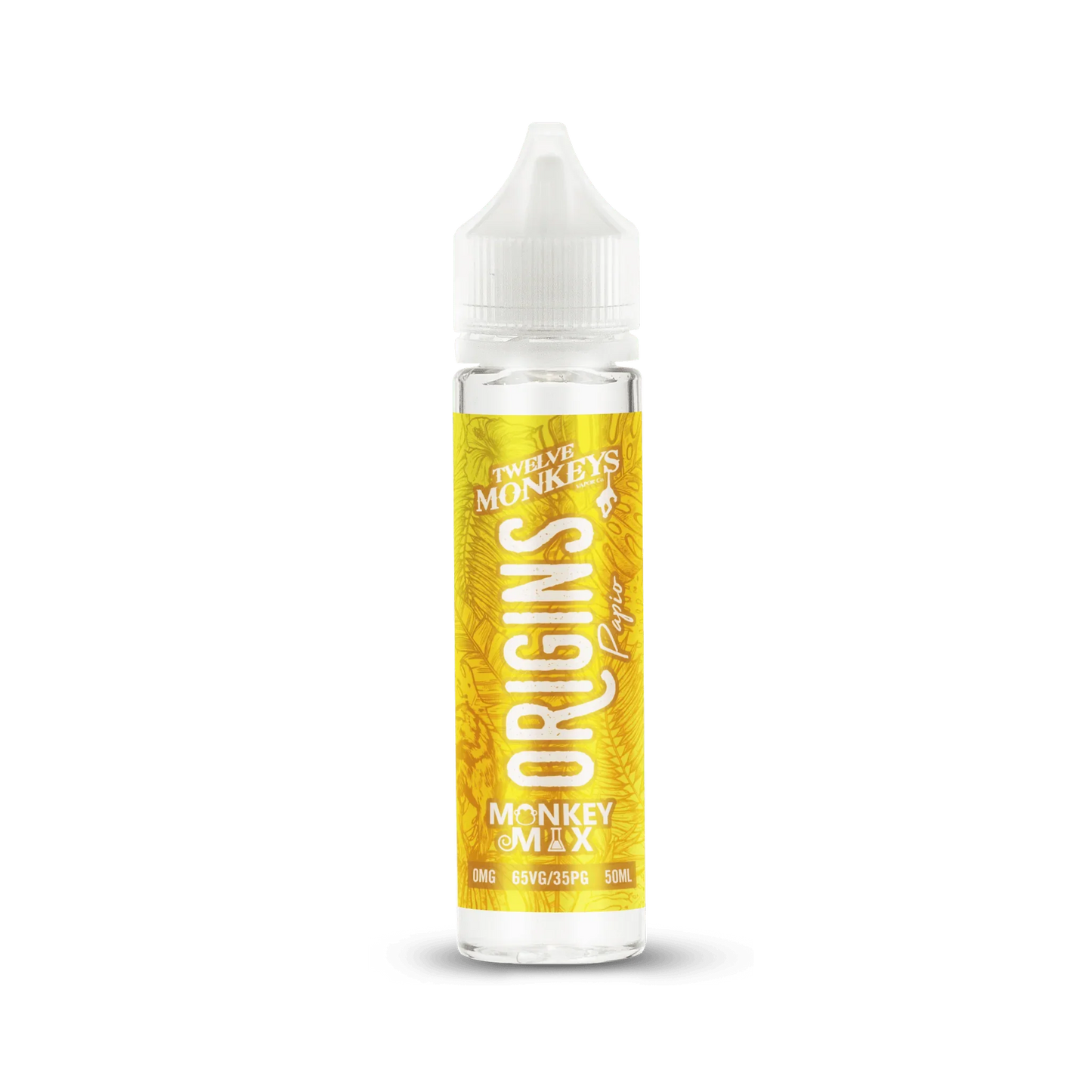 Clear 50ml vape juice bottle with yellow Origins Monkey Mix label and white cap