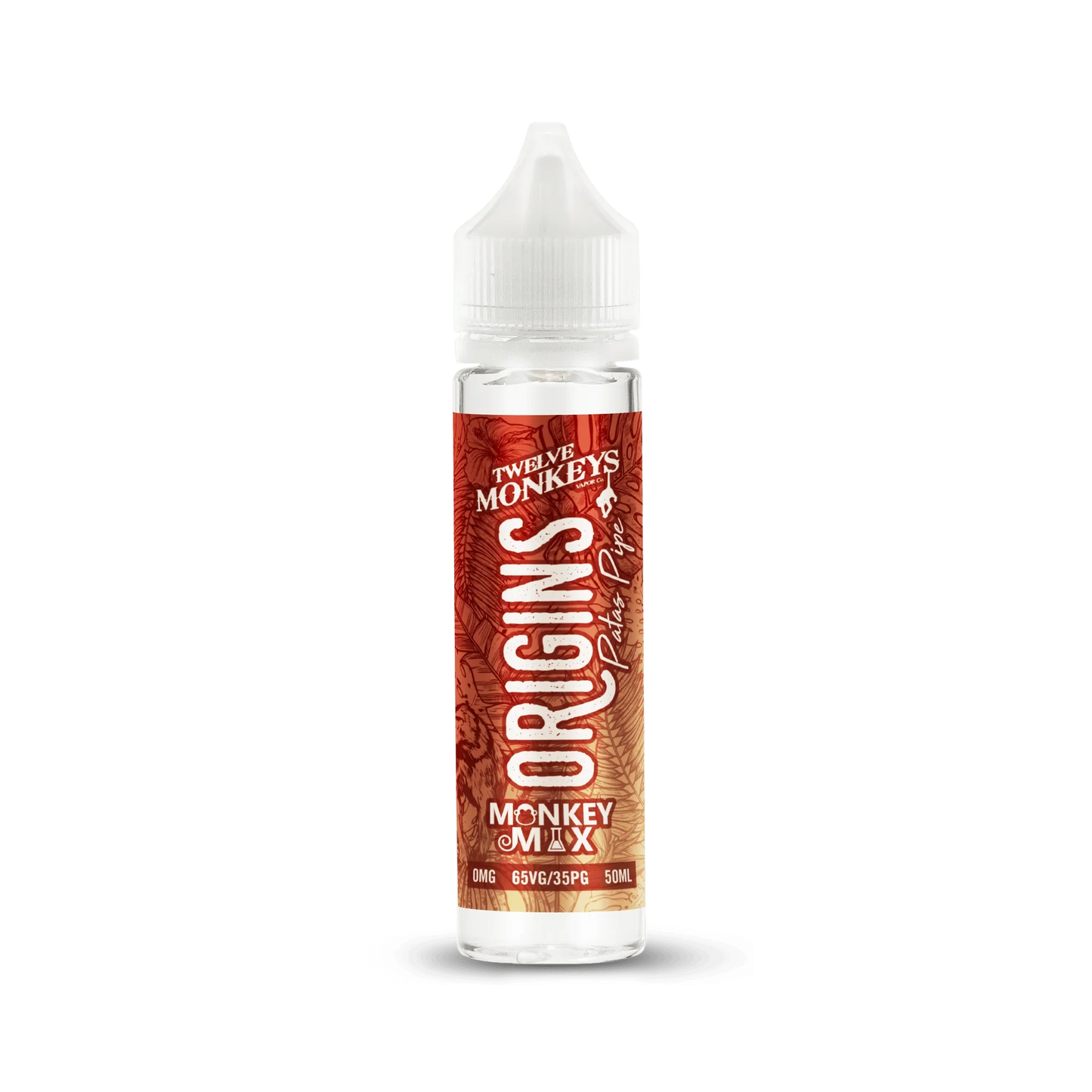 50ml vape juice bottle labeled Origins Monkey Mix with tropical leaf design and red gradient