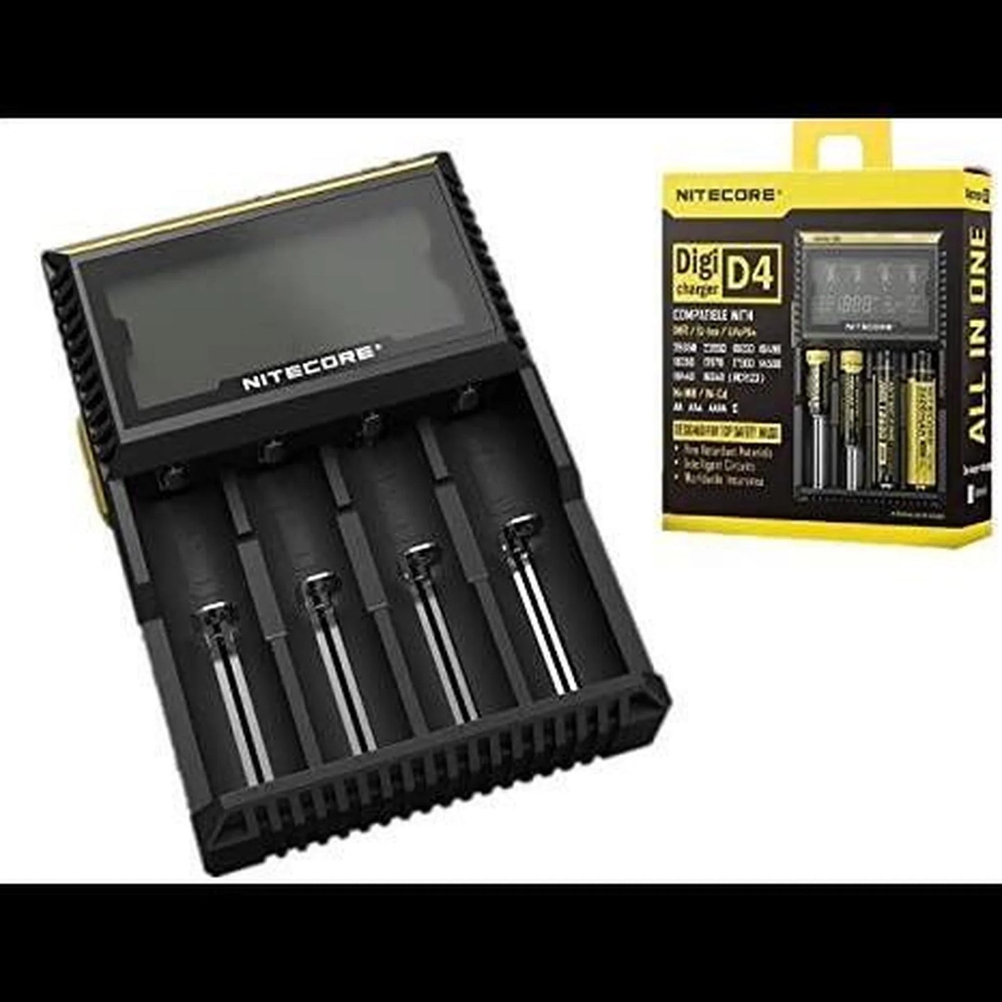 Nitecore Digi D4 battery charger with LCD screen and packaging for rechargeable batteries