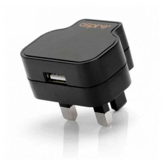 Black USB wall adapter plug with UK three-pin design for vape or electronic devices