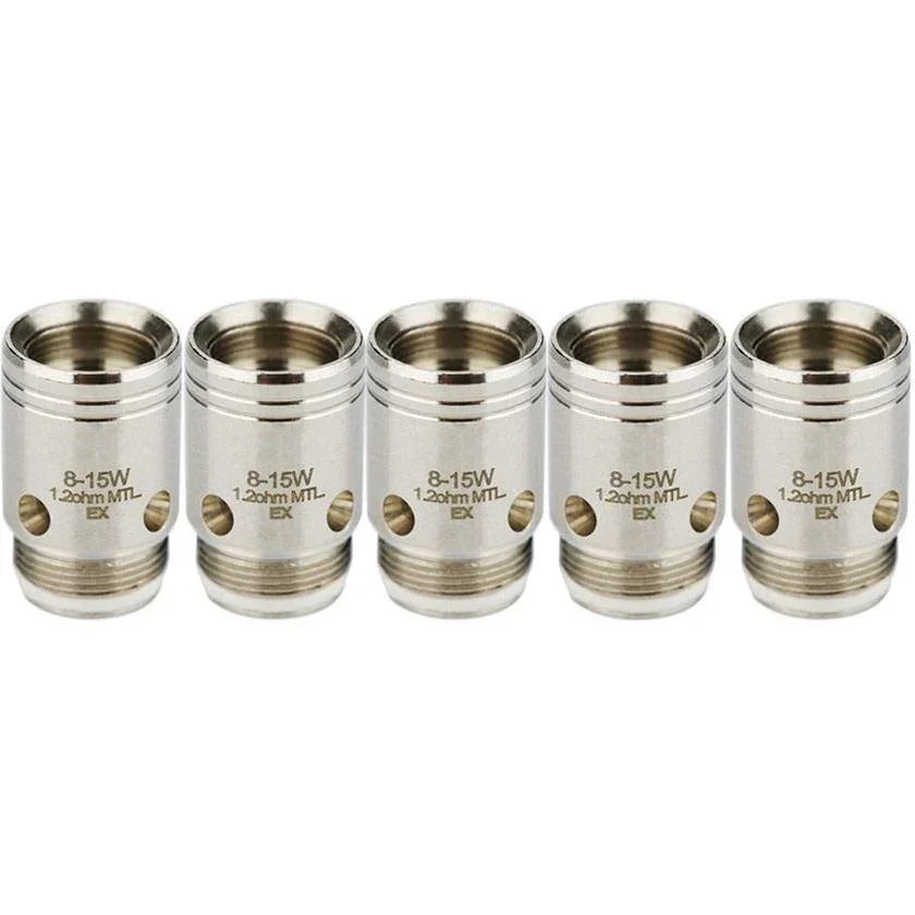 Five metal 1.2 ohm MTL vape coils for e-cigarette tanks, shown in a row on white background.