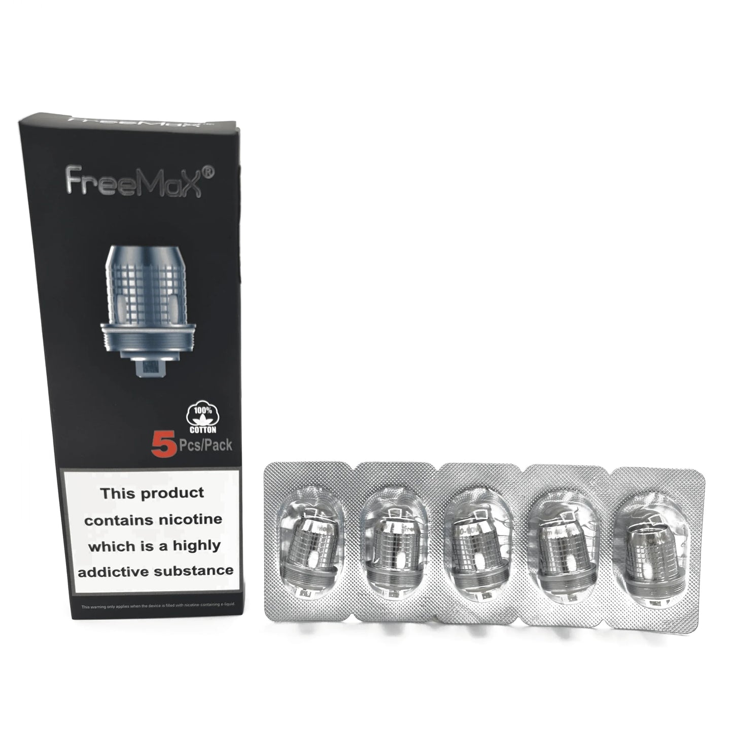 Five-pack of mesh vape coils in blister packaging next to product box, for sub-ohm vaping.