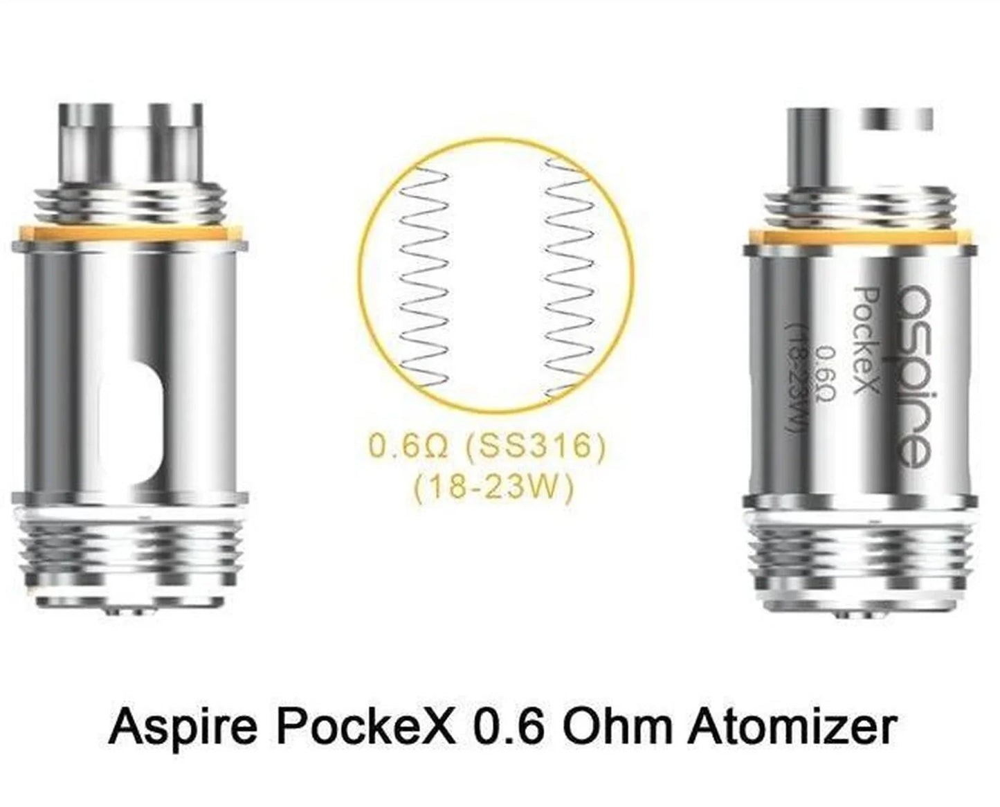 Aspire PockeX 0.6 ohm coil atomizer for vape kits, stainless steel, side and front view