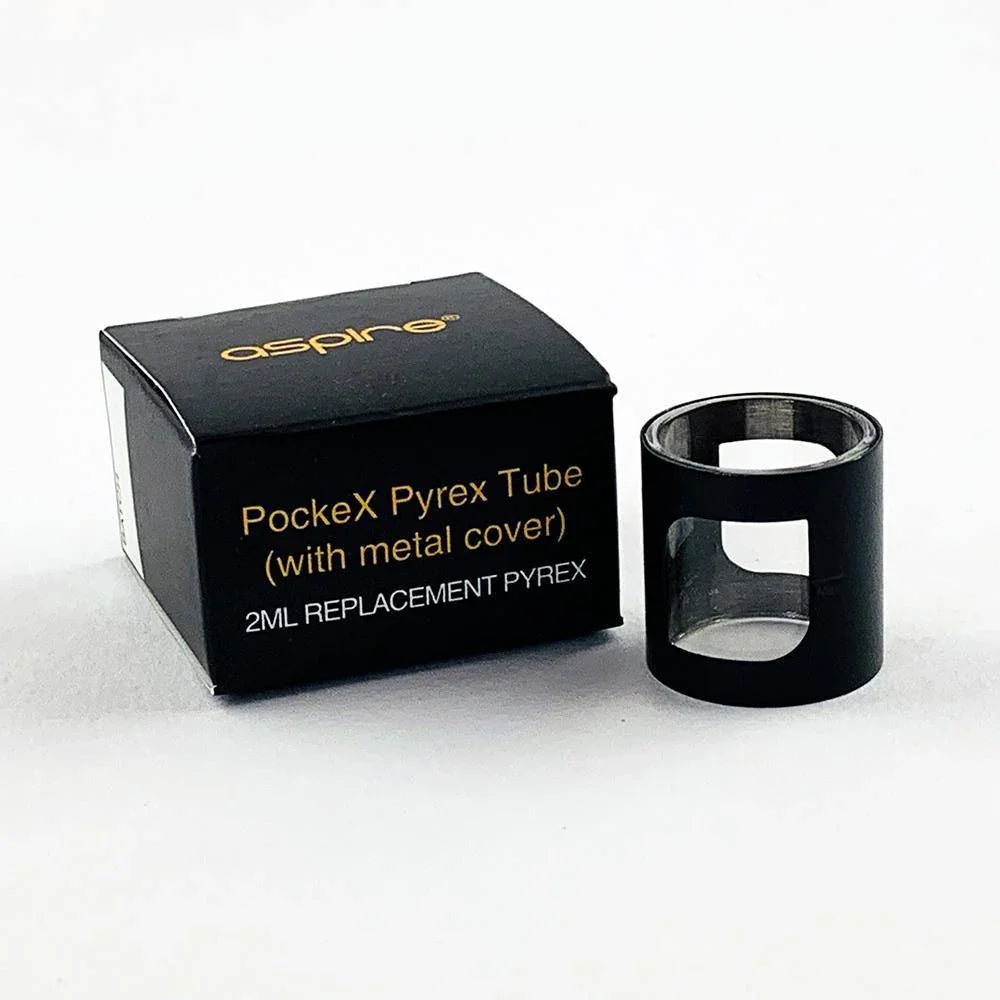 Aspire PockeX Pyrex replacement tube with black metal cover and product box