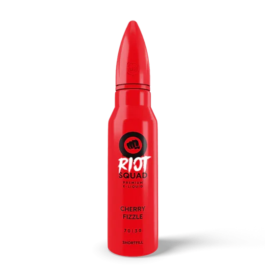 Red Riot Squad Cherry Fizzle vape juice 60ml bottle with bullet-shaped cap, clear background