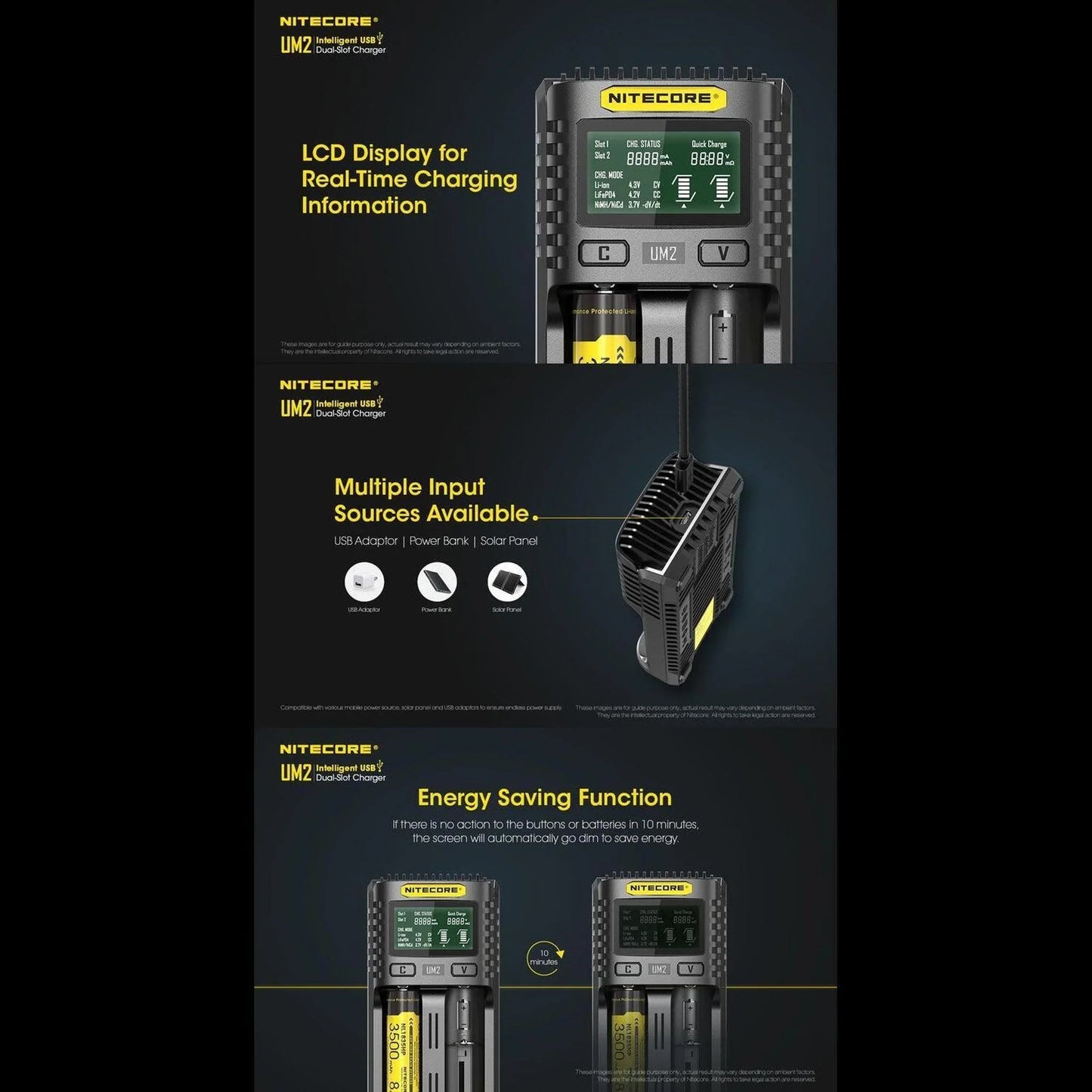 Nitecore UM2 intelligent charger with LCD display, multiple input sources, and energy saving function