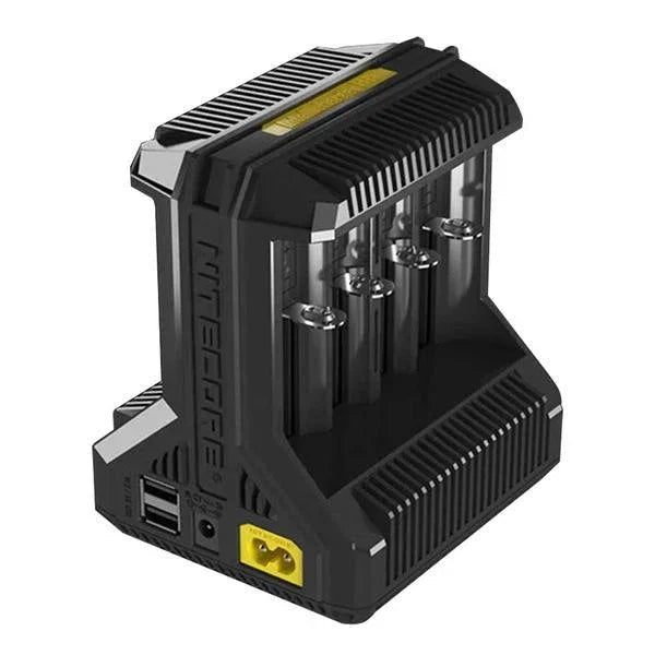 Nitecore battery charger for vape devices with four battery slots and USB ports