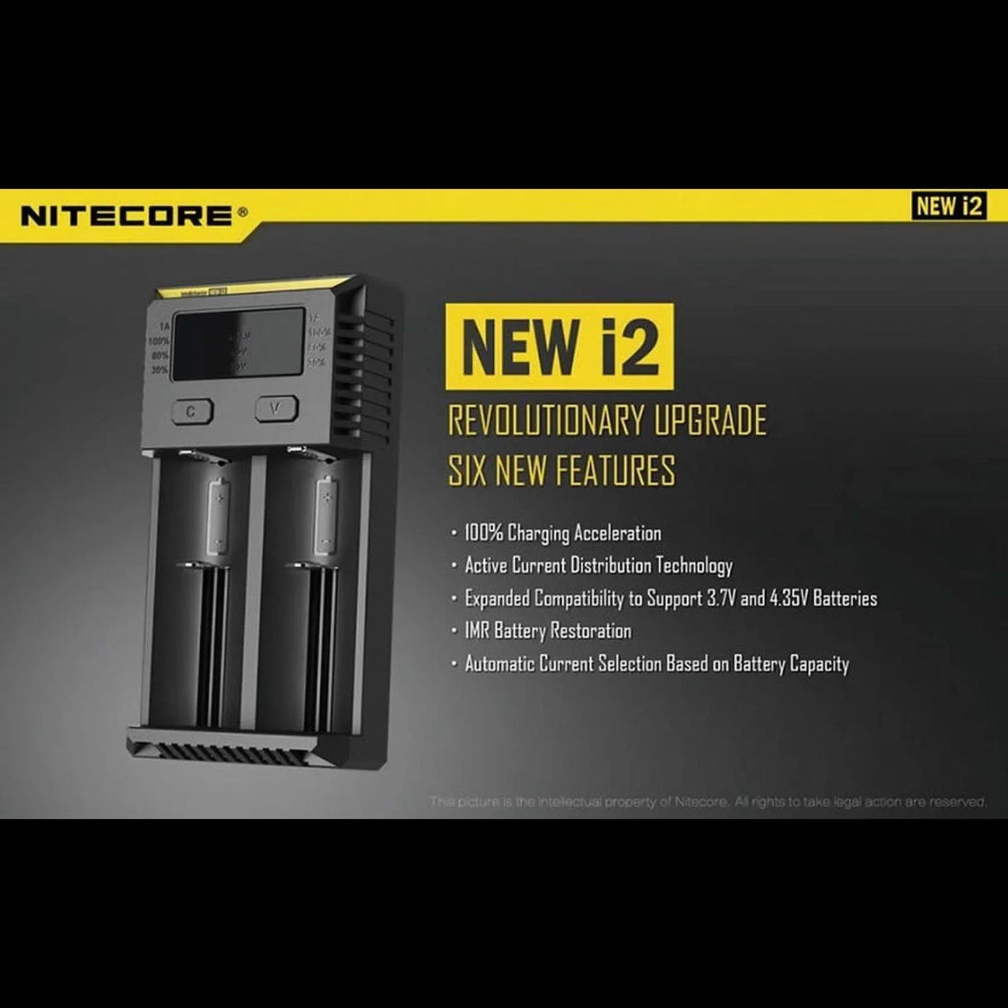 Nitecore New i2 smart battery charger with two charging slots and upgrade feature highlights.
