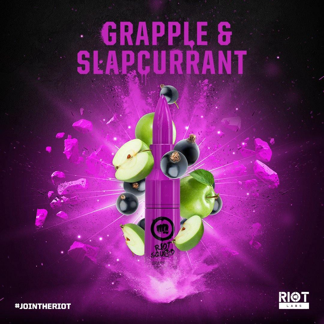 Grapple and Slapcurrant vape juice bottle with green apples and blackcurrants on purple background