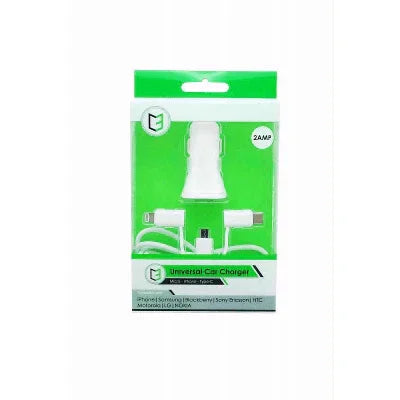 Universal car charger with multiple USB cables in green packaging, 2A output