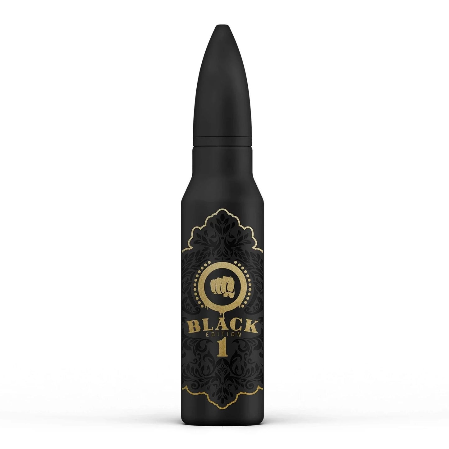 Black shortfill e-liquid bottle with gold label and decorative black pattern