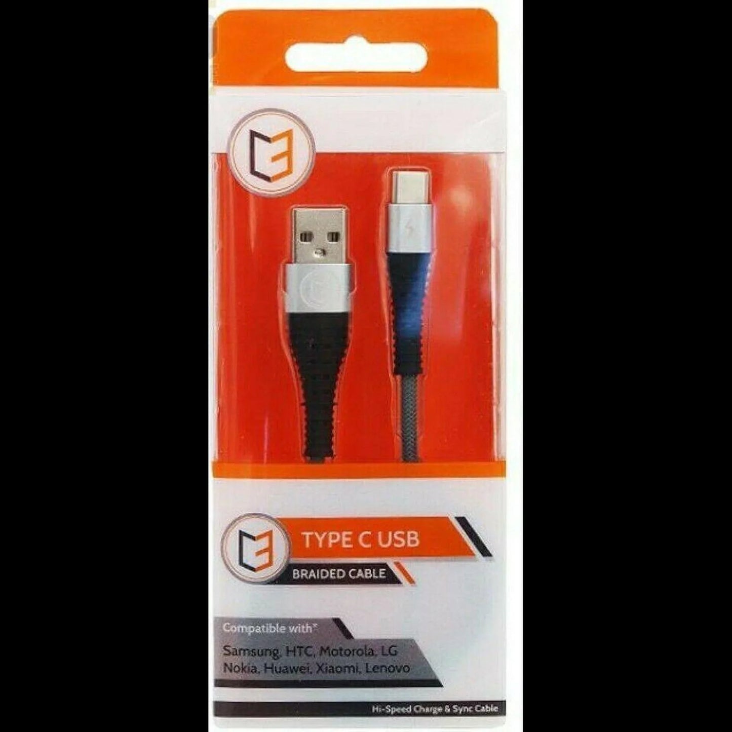 Braided USB Type-C charging and sync cable in retail packaging, compatible with multiple devices.