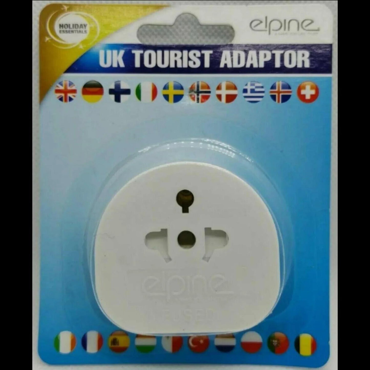 UK tourist travel adaptor plug in retail packaging with European country flags