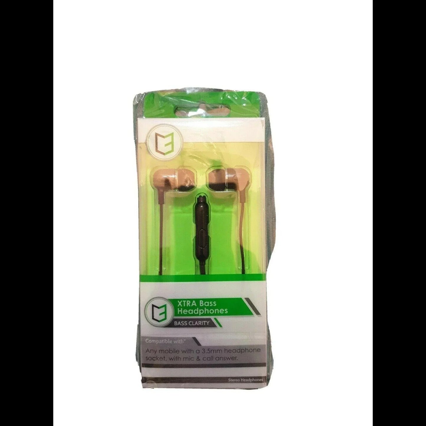 XTRA Bass wired earphones with mic in green retail packaging, 3.5mm connector