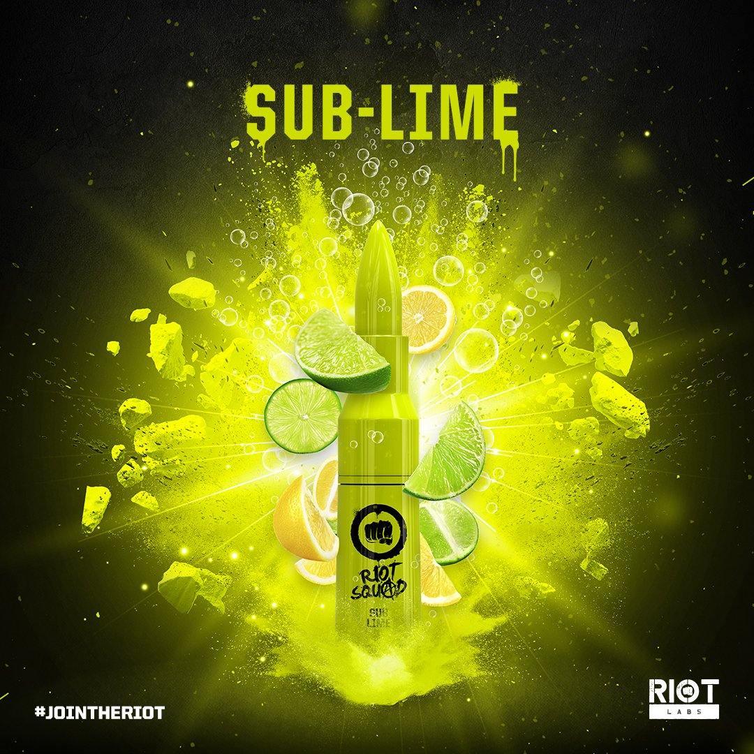 Lime-flavored e-liquid bottle with lime and lemon slices, bright green explosion background.
