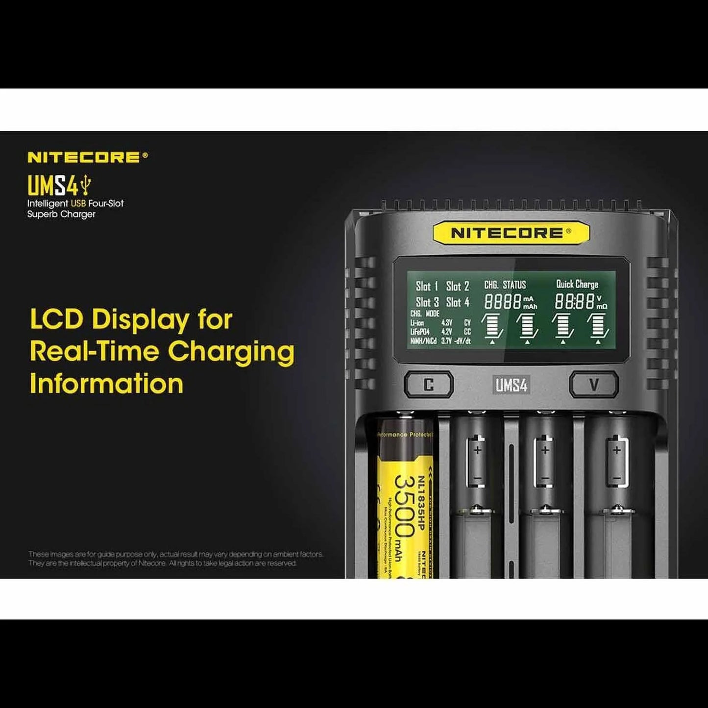 Nitecore UMS4 intelligent USB four-slot battery charger with LCD display and battery charging