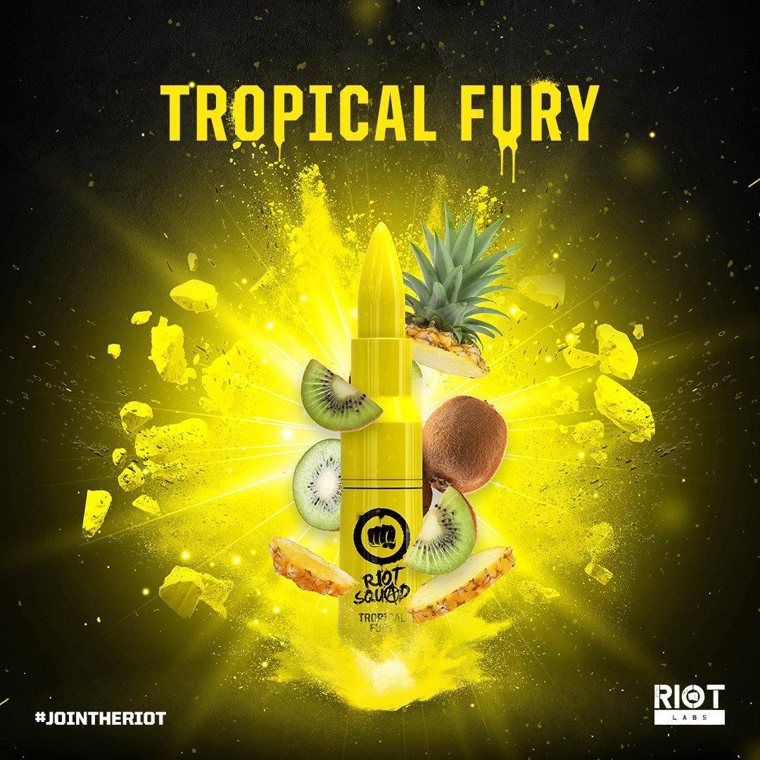 Yellow e-liquid bottle labeled 'Tropical Fury' with kiwi, pineapple, and tropical fruits.