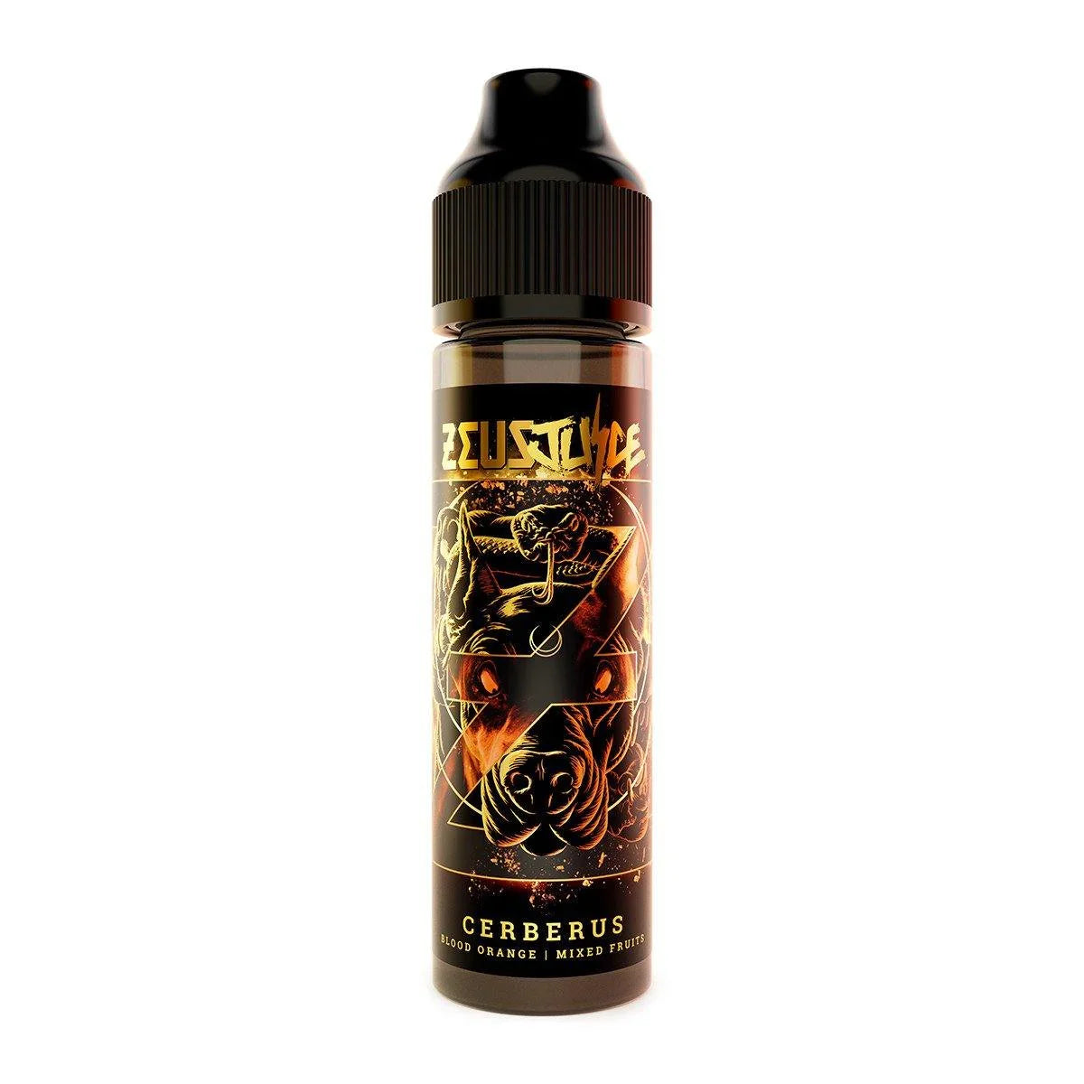 Cerberus 50ml vape juice bottle with mythological dog and fruit flavor artwork
