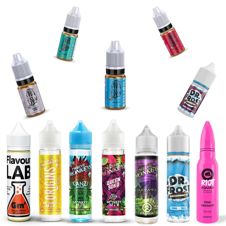 Assorted e-liquid vape juice bottles with colorful labels, variety of flavors, on white background.
