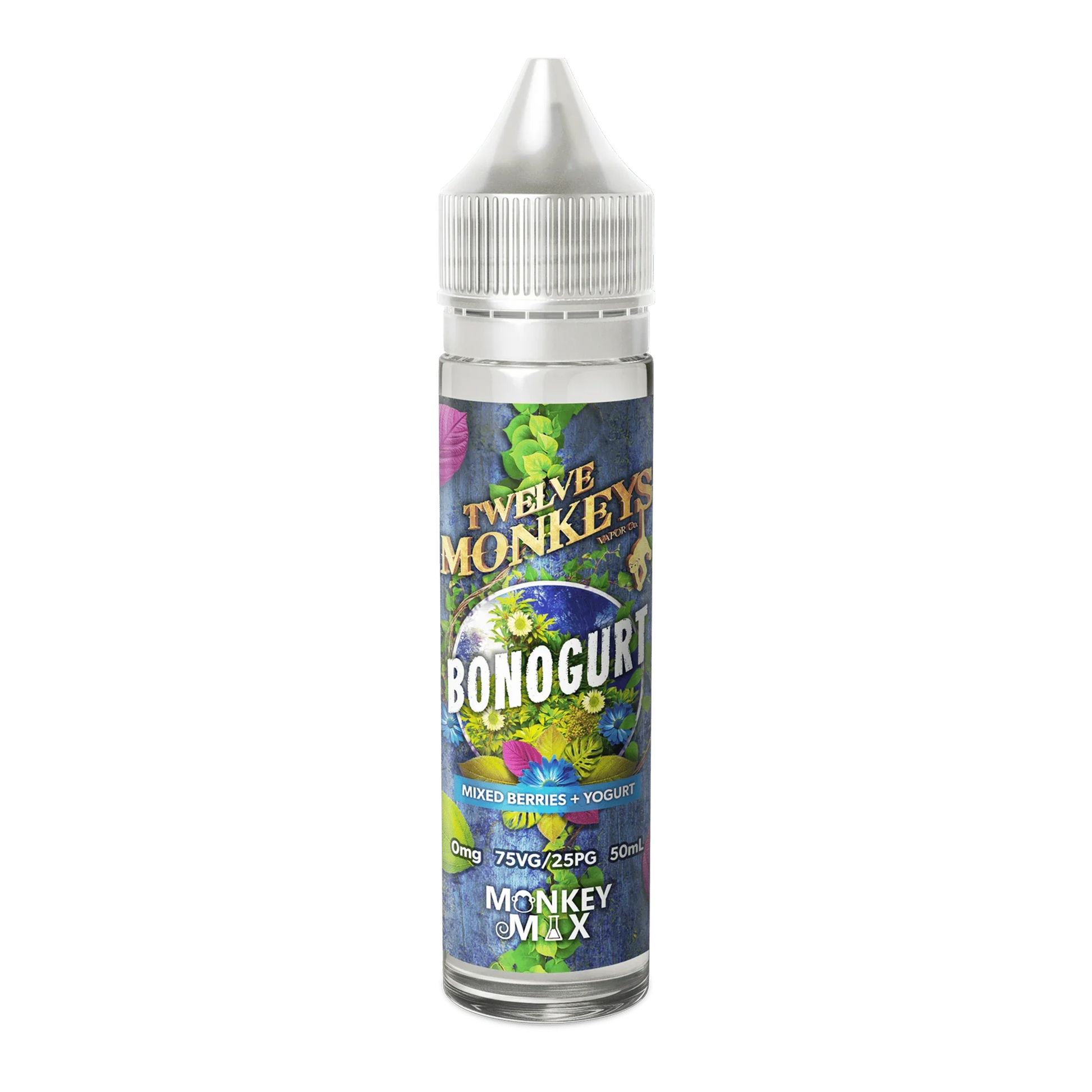 Bonogurt e-liquid 60mL bottle, mixed berries and yogurt flavor, clear cap, vibrant label