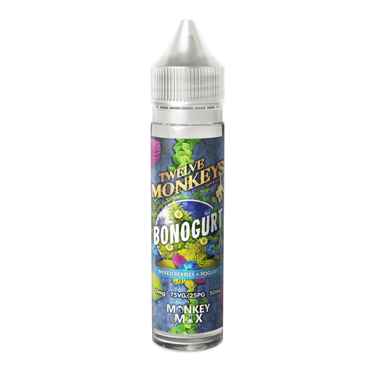 Bonogurt e-liquid 60mL bottle, mixed berries and yogurt flavor, clear cap, vibrant label