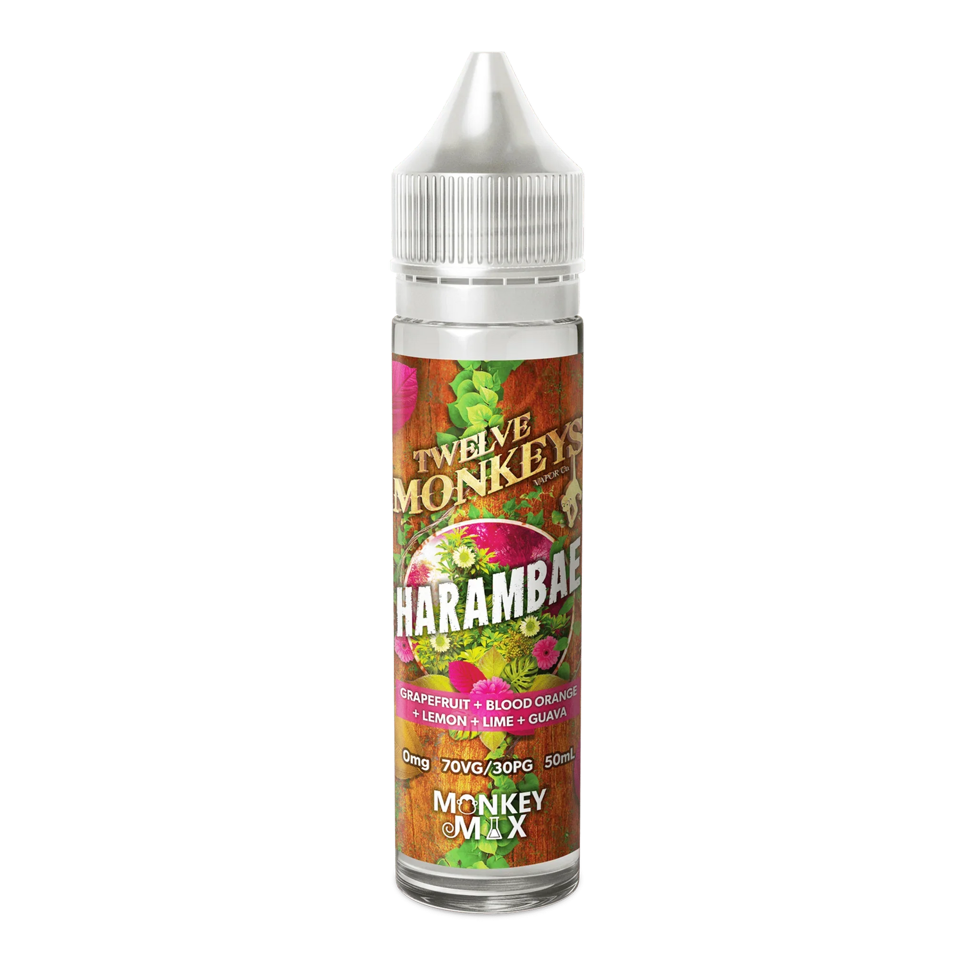 60mL bottle of Harambae e-liquid with fruit graphics and flavor details on label