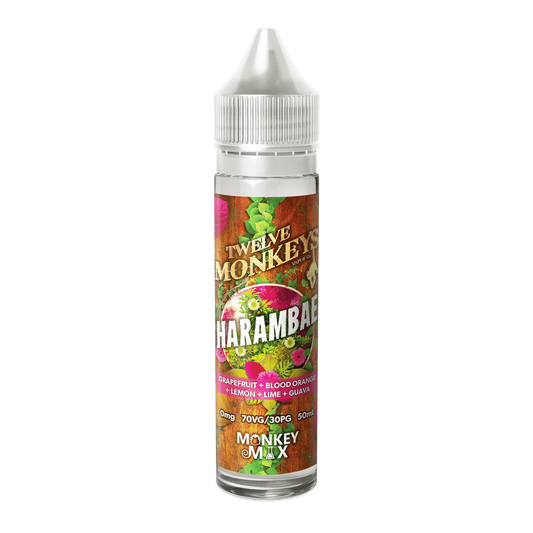 60mL bottle of Harambae e-liquid with fruit graphics and flavor details on label