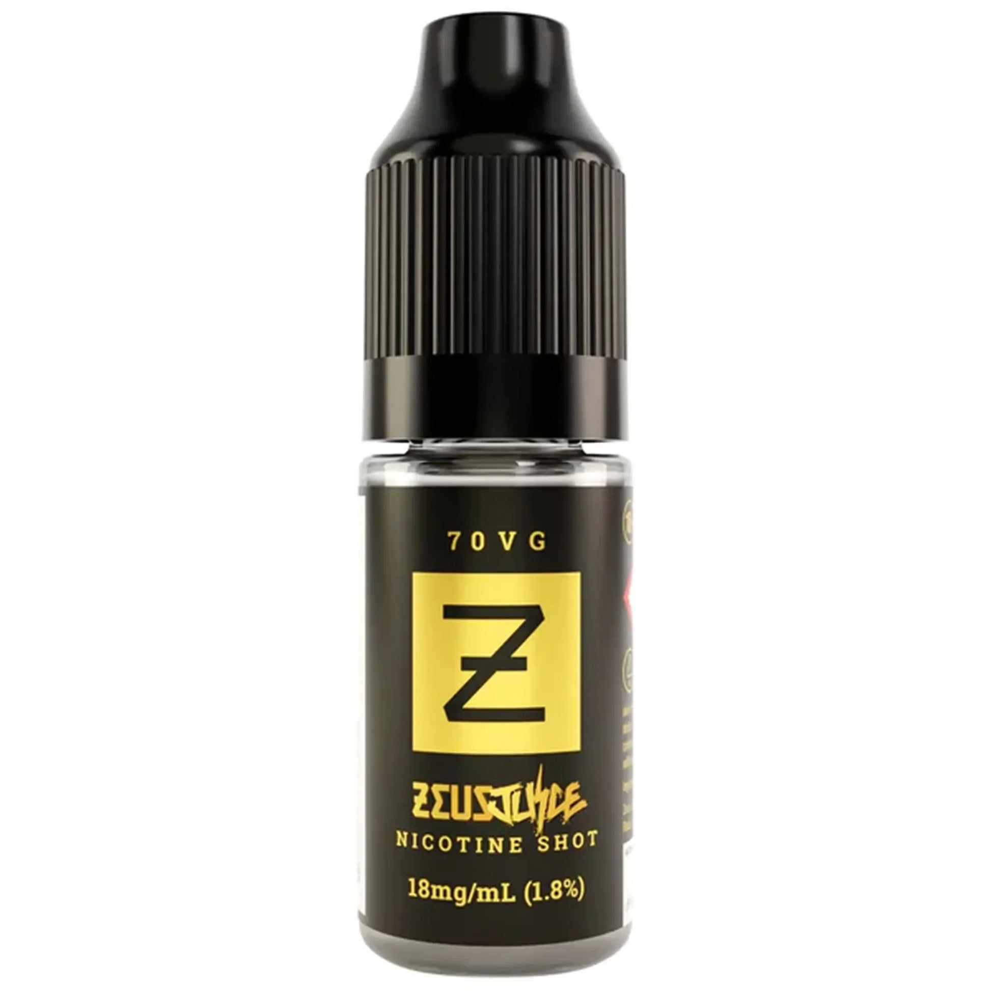 10ml bottle of Zeus Juice nicotine shot 70VG for e-liquid, black label, 18mg/mL strength