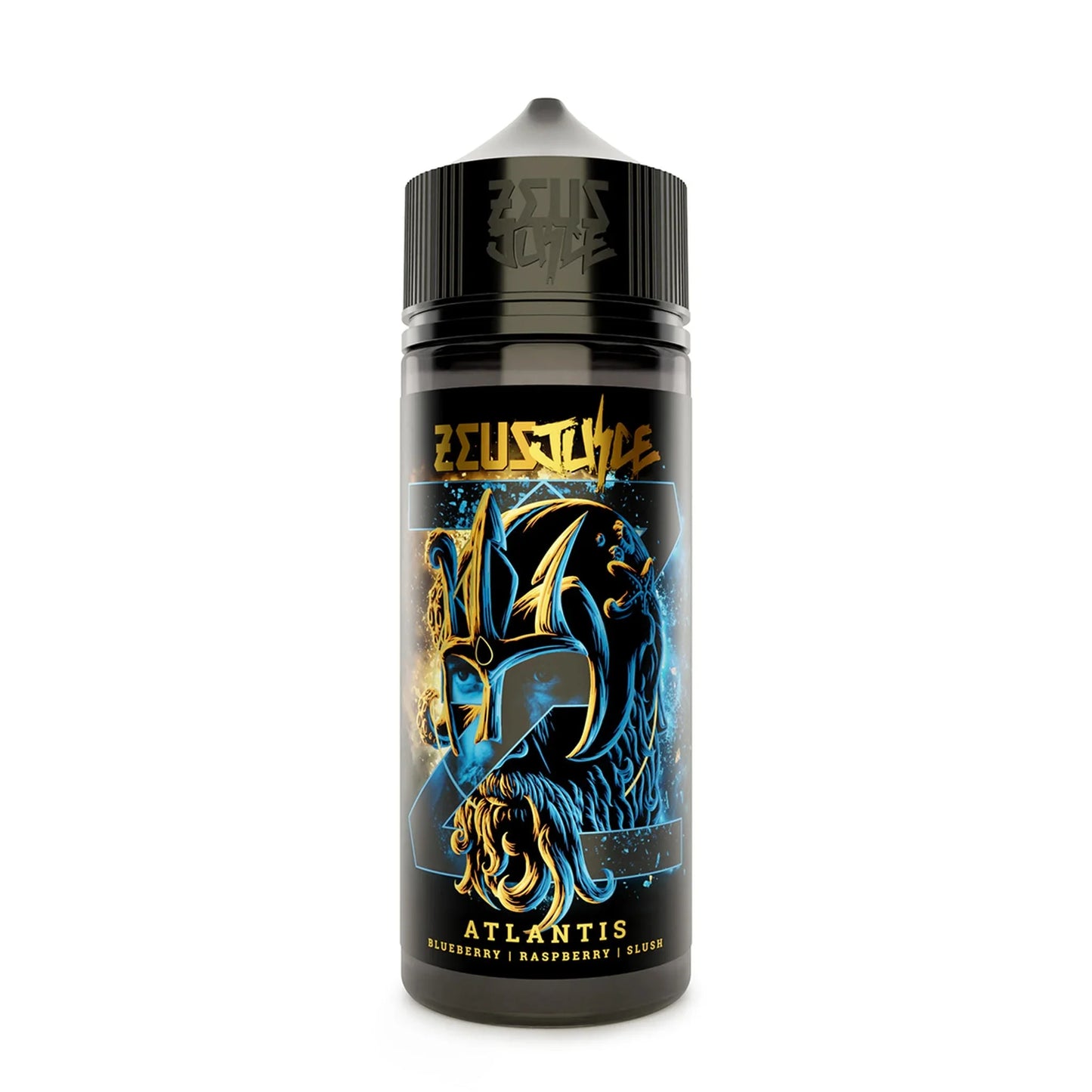 Zeus Juice Atlantis 100ml bottle with blue and gold warrior helmet design, blueberry raspberry slush flavor