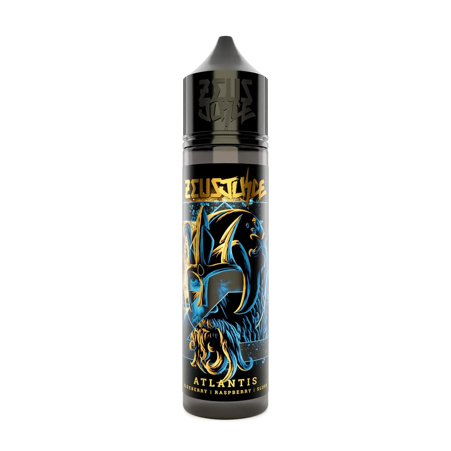 Zeus Juice Atlantis 50ml vape e-liquid bottle with blue and gold helmet artwork