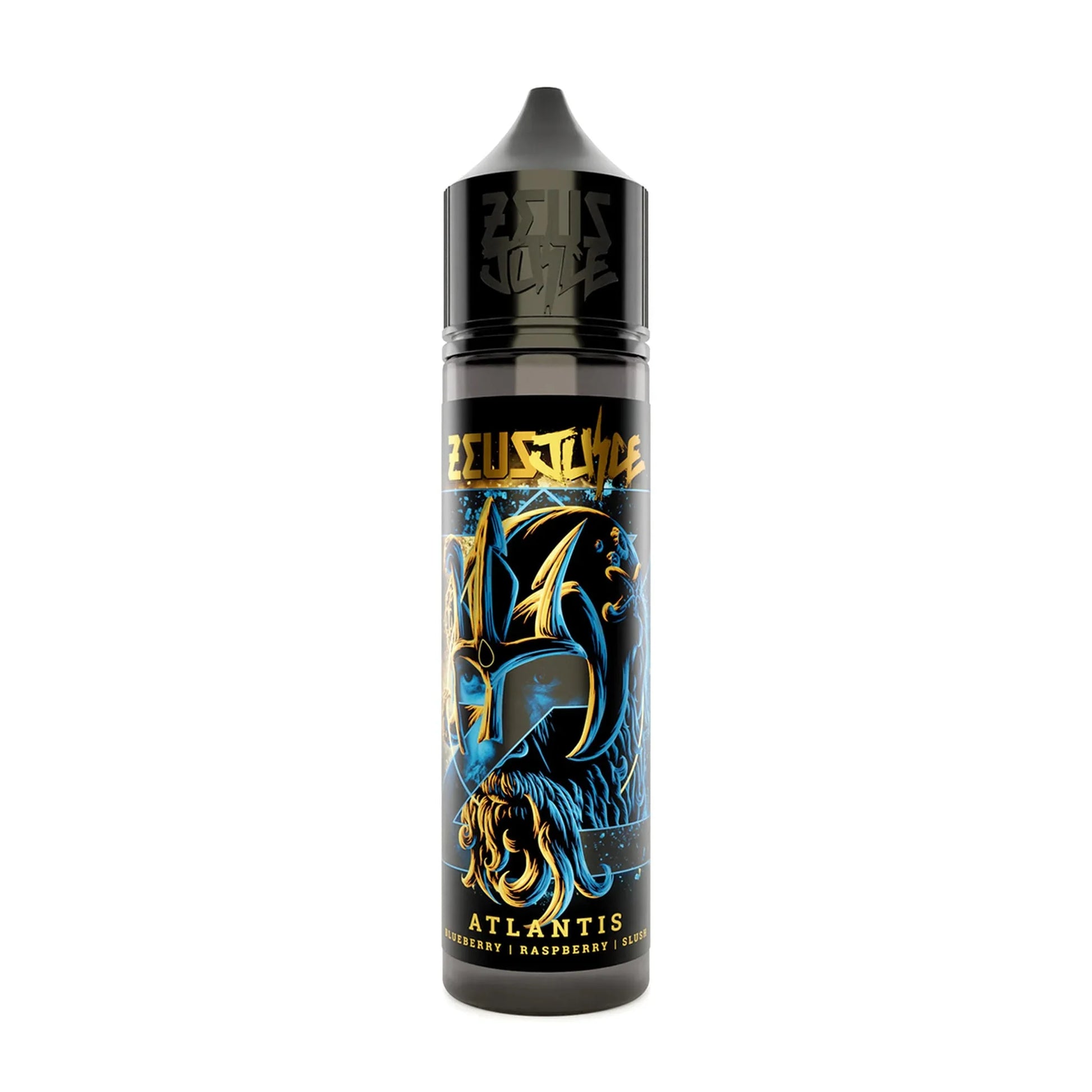 Zeus Juice Atlantis 50ml vape e-liquid bottle with blue and gold helmet artwork