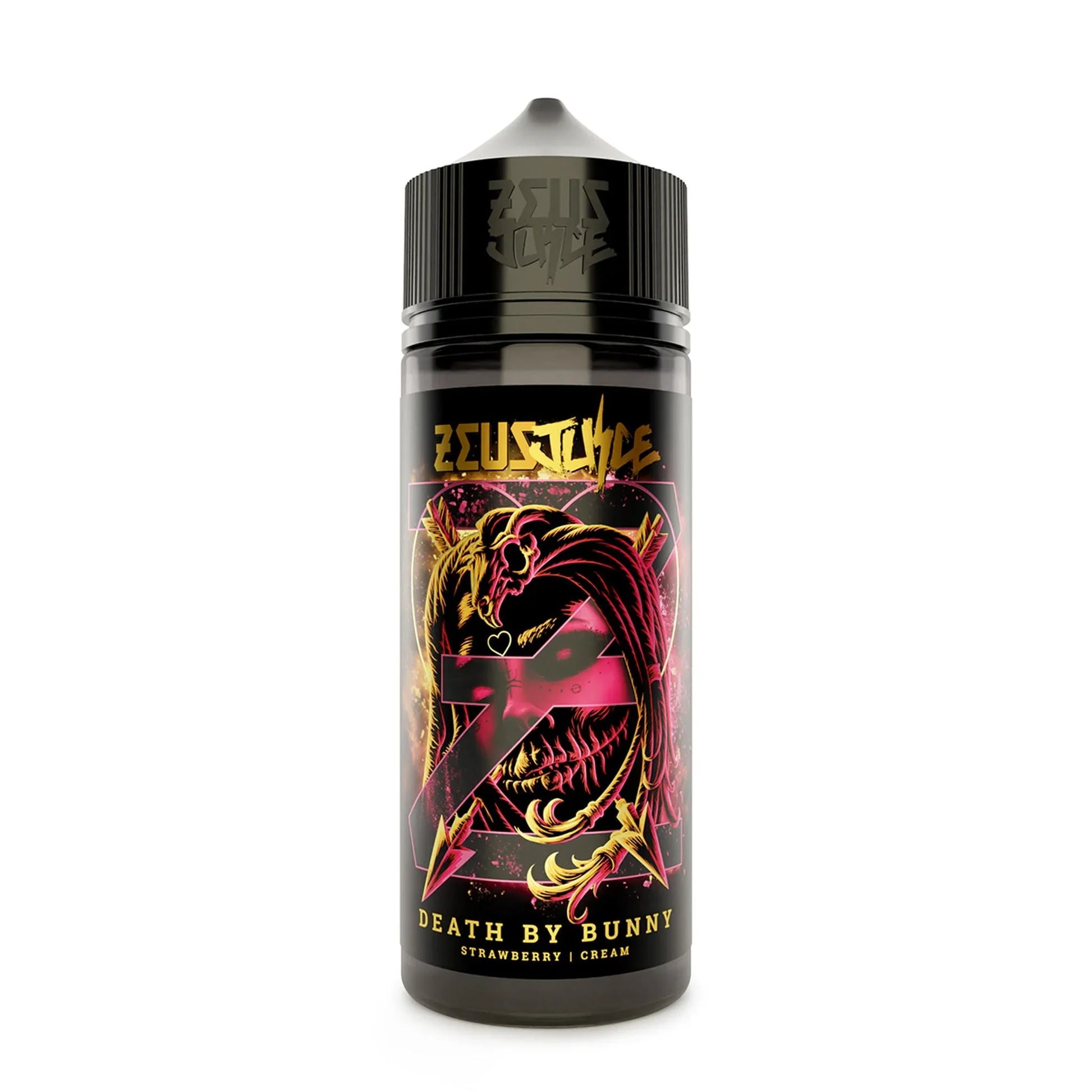 100ml vape juice bottle labeled Death By Bunny with strawberry cream flavor and colorful artwork