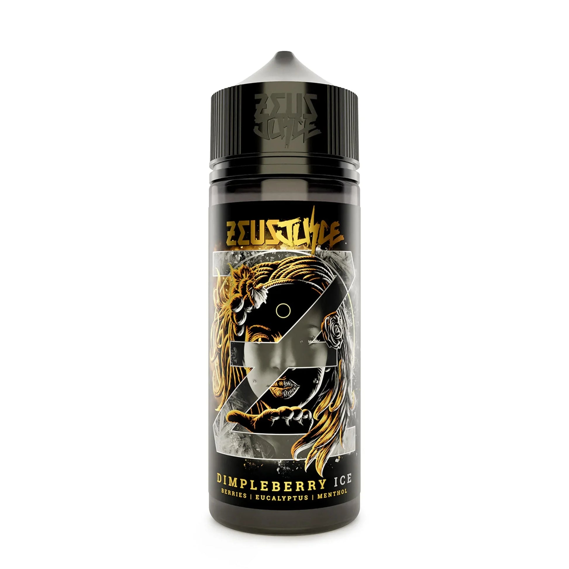 Dimpleberry Ice 100ml e-liquid bottle with artistic label showing berries, eucalyptus, menthol