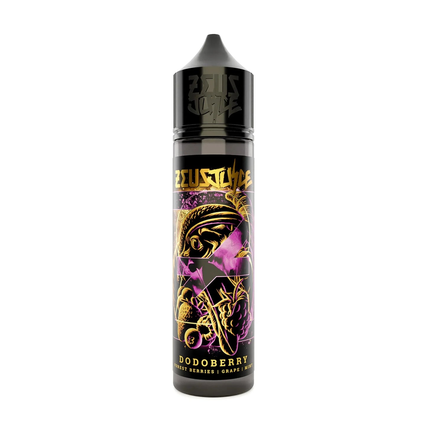 Zeus Juice Dodoberry 50ml vape liquid bottle with forest berries, grape, mint artwork