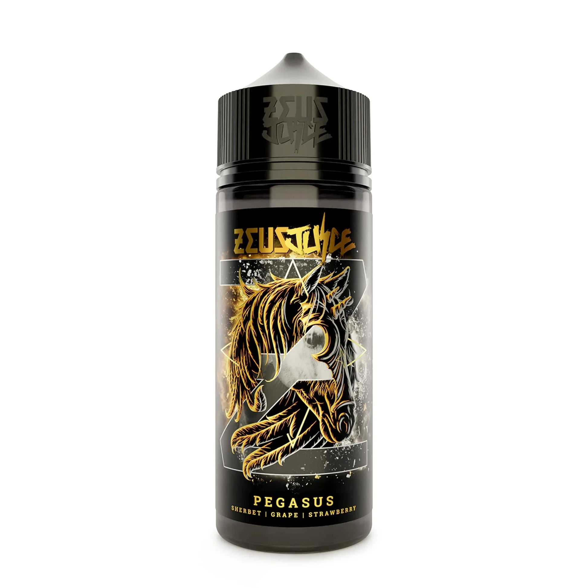 100ml Pegasus Zeus Juice vape e-liquid bottle with fantasy horse artwork, black label