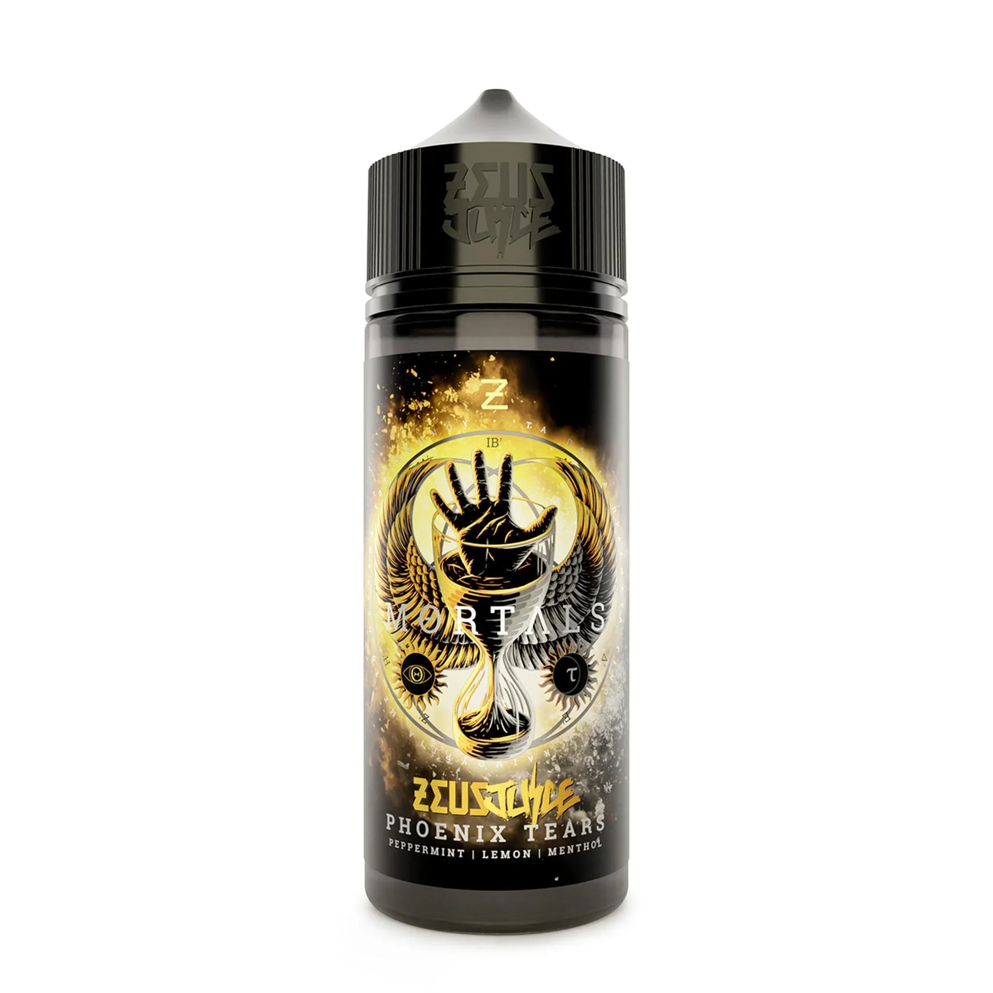 Phoenix Tears 100ml vape juice bottle with winged hand design, peppermint lemon menthol flavor