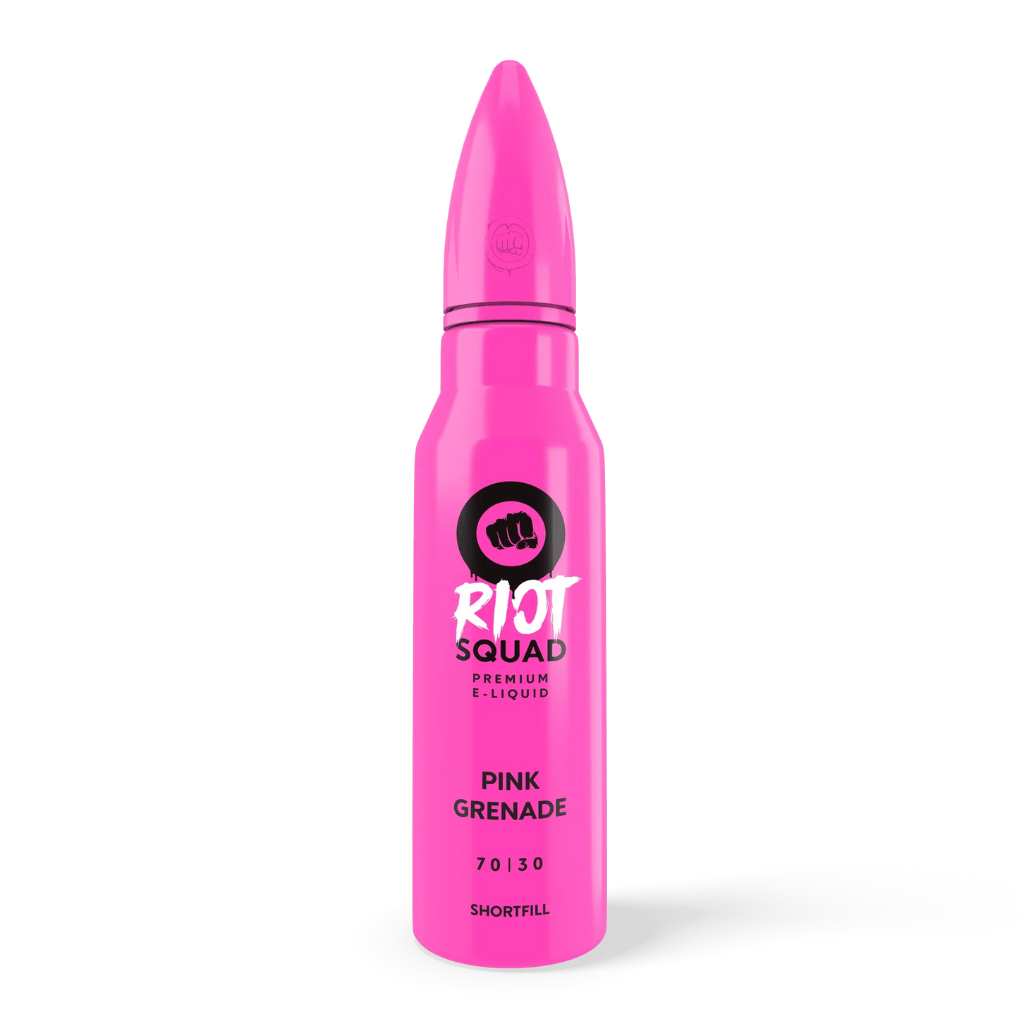 Pink grenade-shaped e-liquid bottle labeled Riot Squad Pink Grenade shortfill vape juice