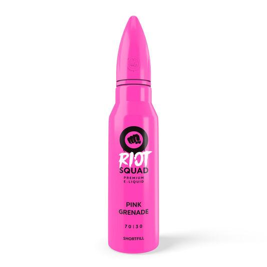 Pink grenade-shaped e-liquid bottle labeled Riot Squad Pink Grenade shortfill vape juice