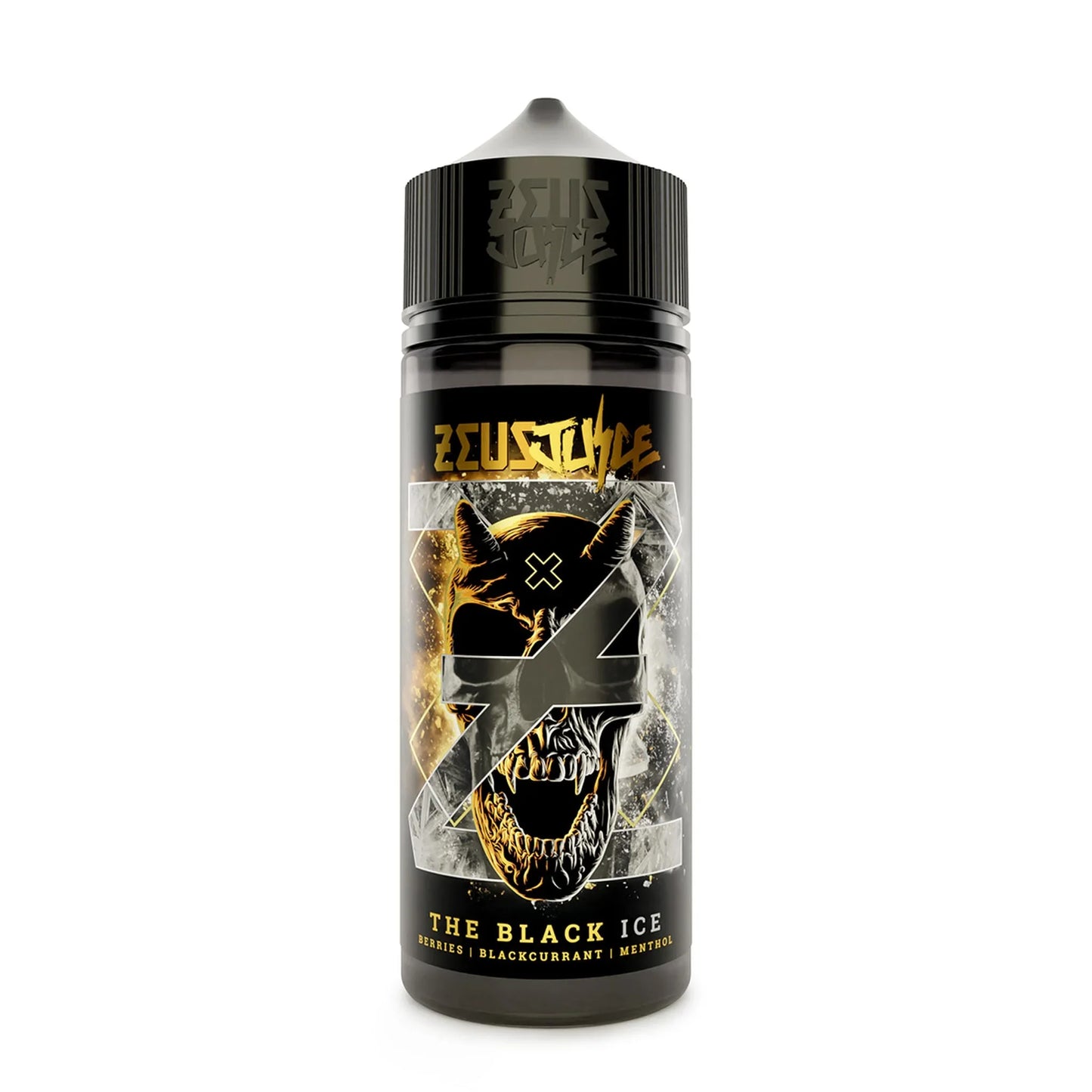 100ml vape juice bottle labeled The Black Ice, berries, blackcurrant, menthol flavor.