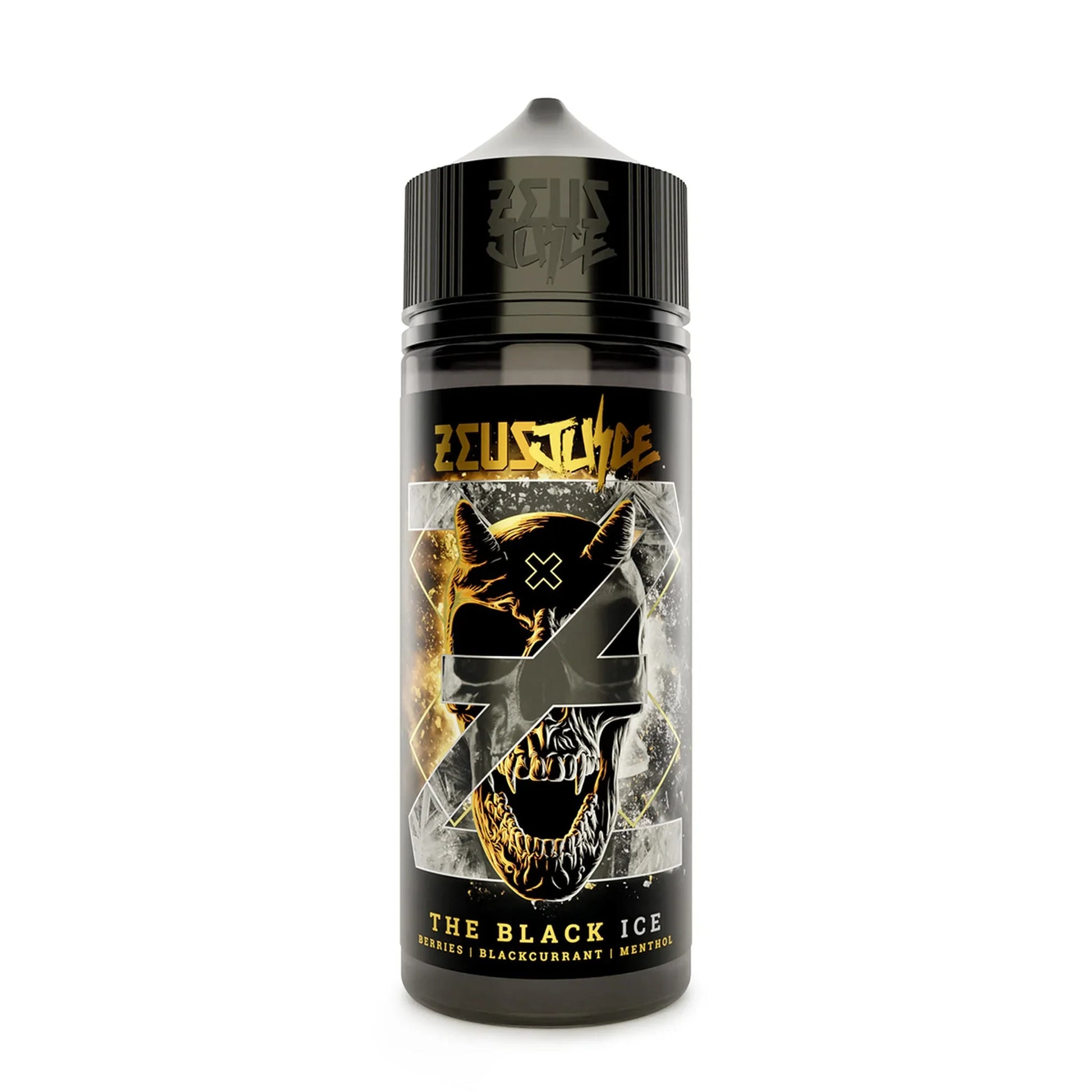 100ml vape juice bottle labeled The Black Ice, berries, blackcurrant, menthol flavor.