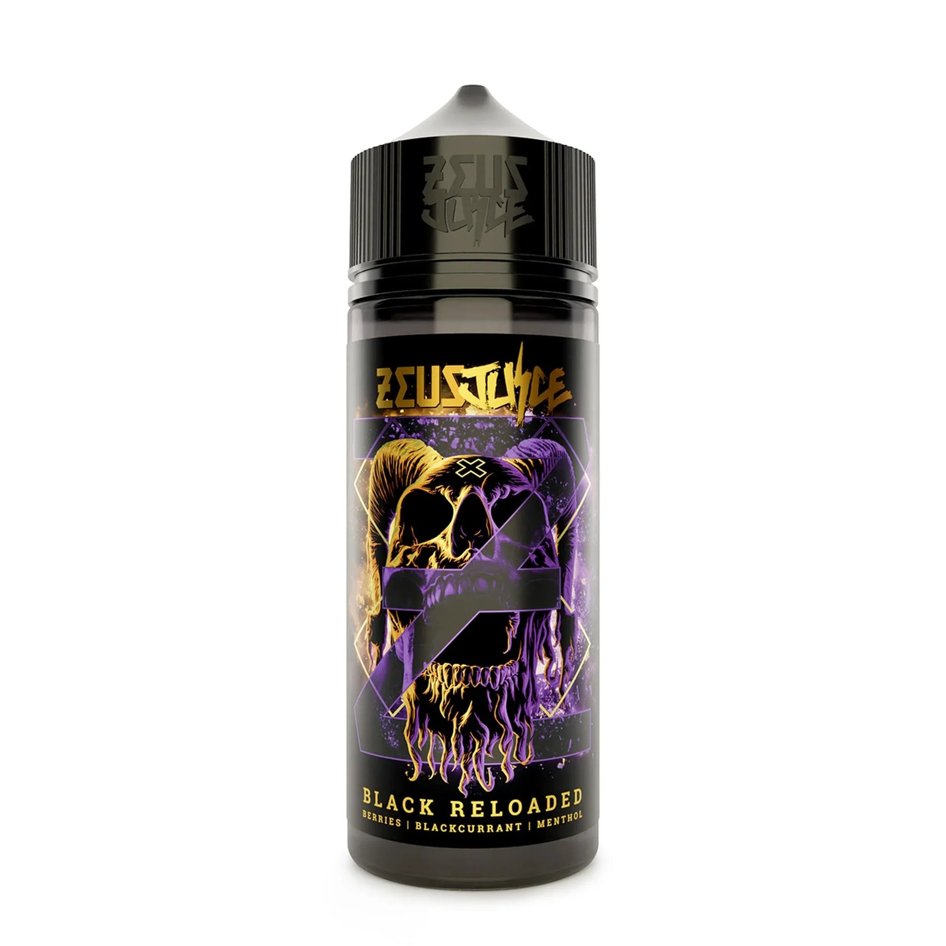 Black Reloaded vape juice bottle with skull design, labeled berries, blackcurrant, menthol