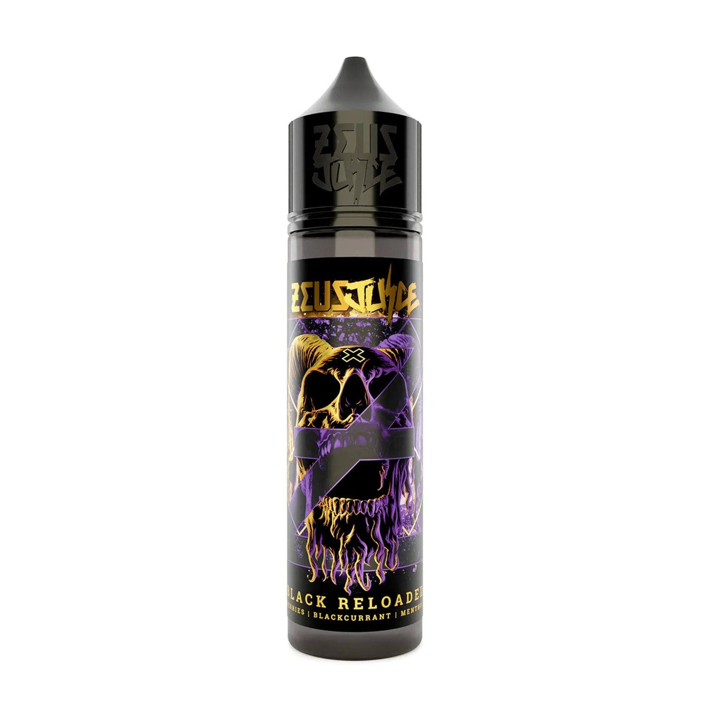 50ml vape juice bottle with bold label art, featuring skull illustration and product text