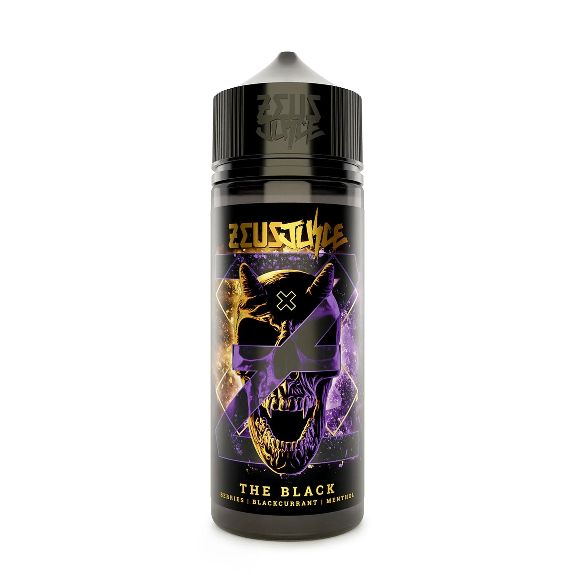 100ml bottle of Zeus Juice The Black e-liquid, blackcurrant berries menthol flavor.